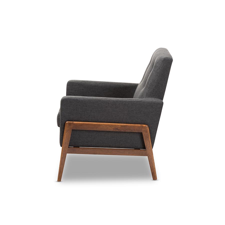 Perris Mid-Century Modern Dark Grey Fabric Upholstered Walnut Wood Lounge Chair. Picture 3