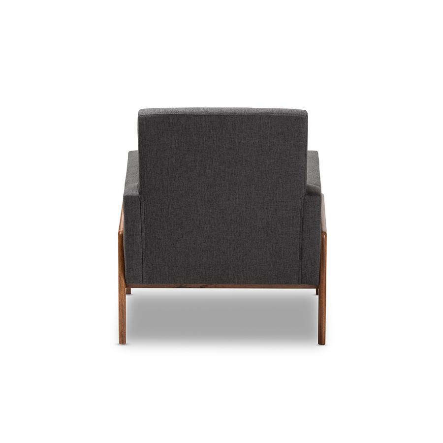 Perris Mid-Century Modern Dark Grey Fabric Upholstered Walnut Wood Lounge Chair. Picture 4