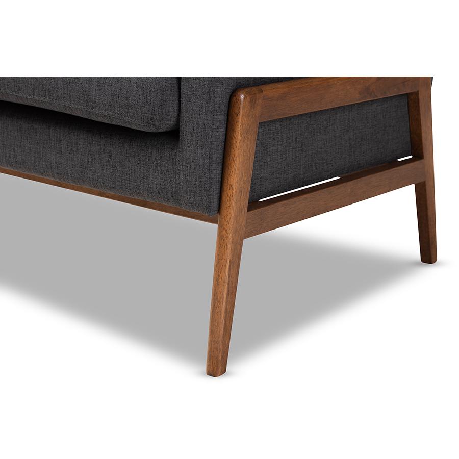 Perris Mid-Century Modern Dark Grey Fabric Upholstered Walnut Wood Lounge Chair. Picture 6