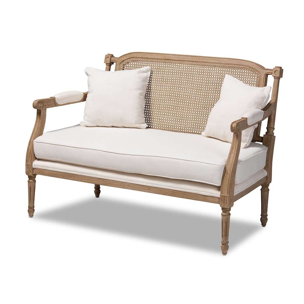 Clemence French Provincial Ivory Fabric Upholstered Whitewashed Wood Loveseat. Picture 1