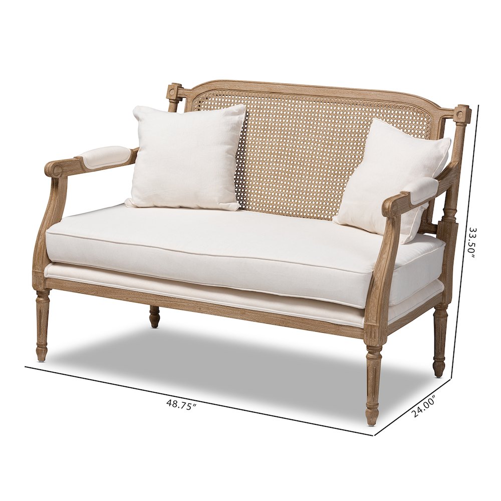 Clemence French Provincial Ivory Fabric Upholstered Whitewashed Wood Loveseat. Picture 10