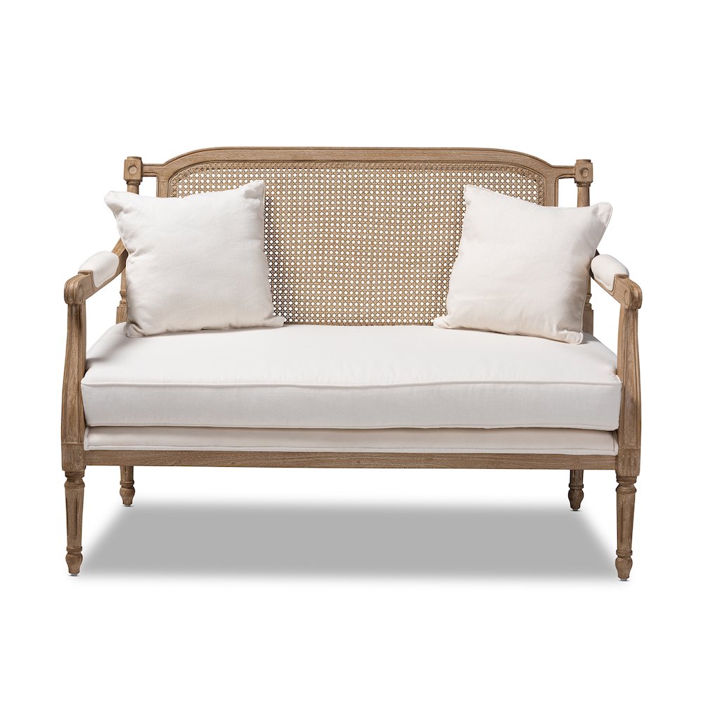 Clemence French Provincial Ivory Fabric Upholstered Whitewashed Wood Loveseat. Picture 2