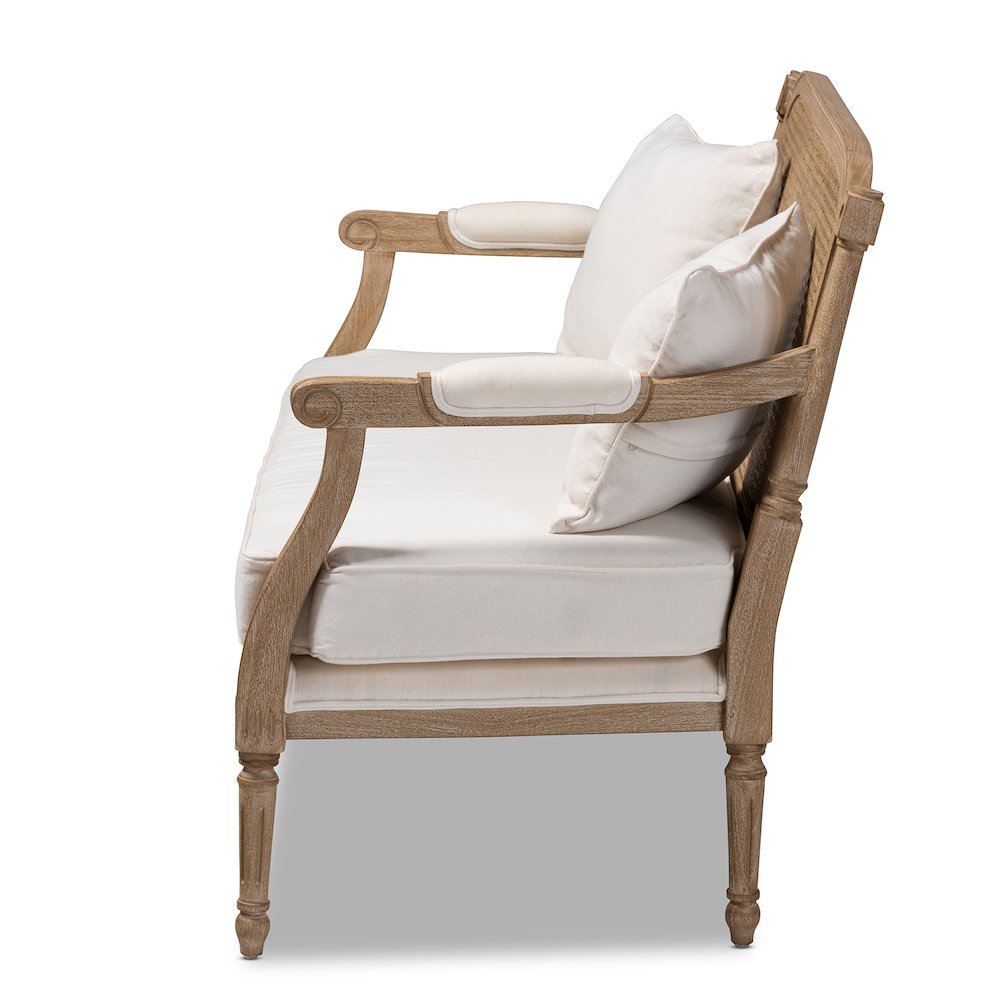 Clemence French Provincial Ivory Fabric Upholstered Whitewashed Wood Loveseat. Picture 3