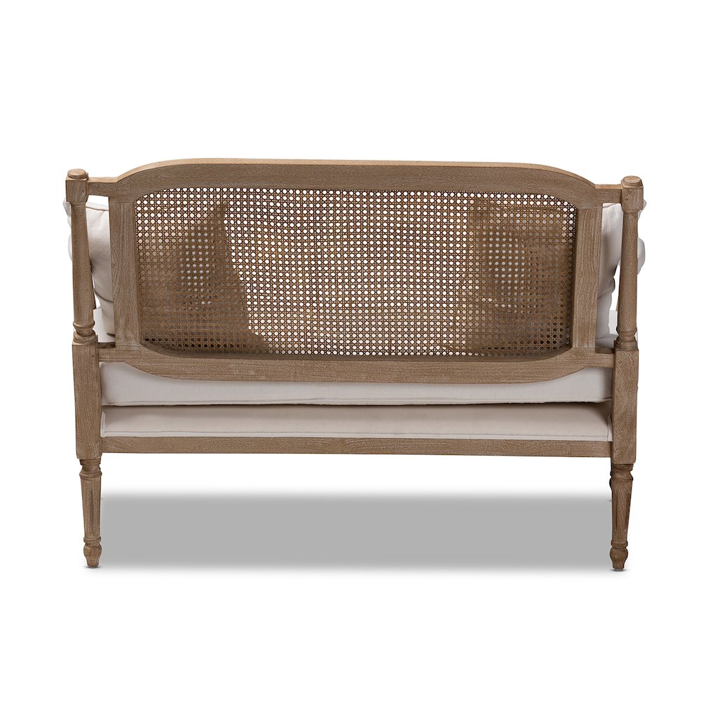 Clemence French Provincial Ivory Fabric Upholstered Whitewashed Wood Loveseat. Picture 4
