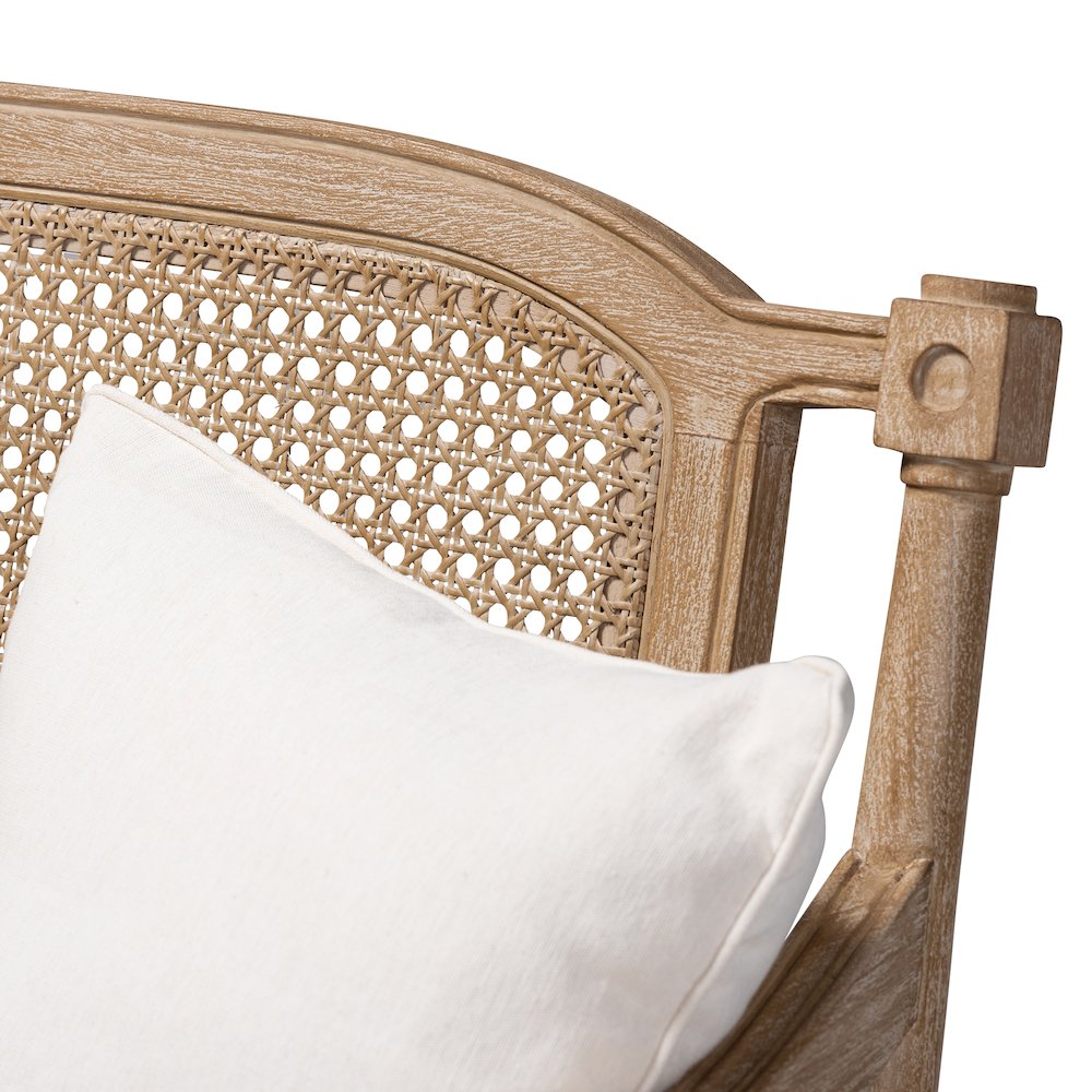 Clemence French Provincial Ivory Fabric Upholstered Whitewashed Wood Loveseat. Picture 5