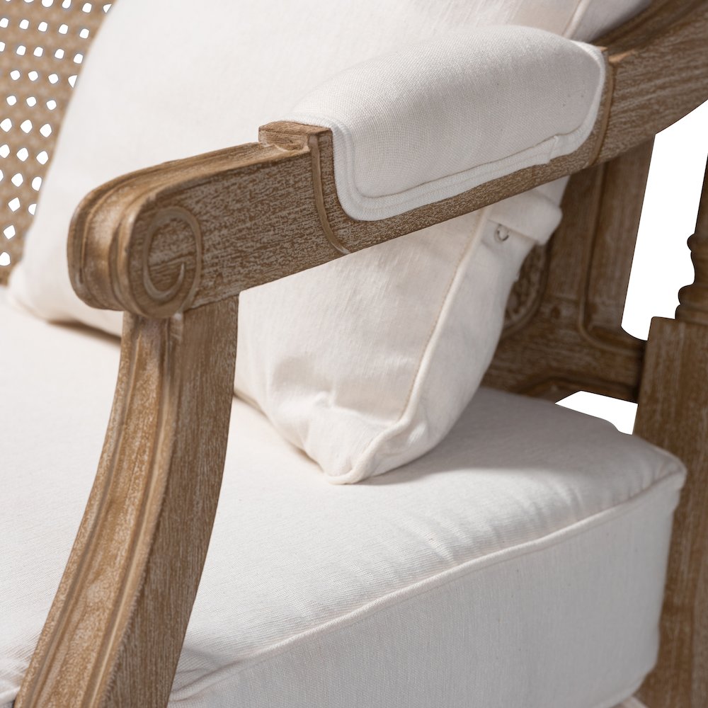 Clemence French Provincial Ivory Fabric Upholstered Whitewashed Wood Loveseat. Picture 6