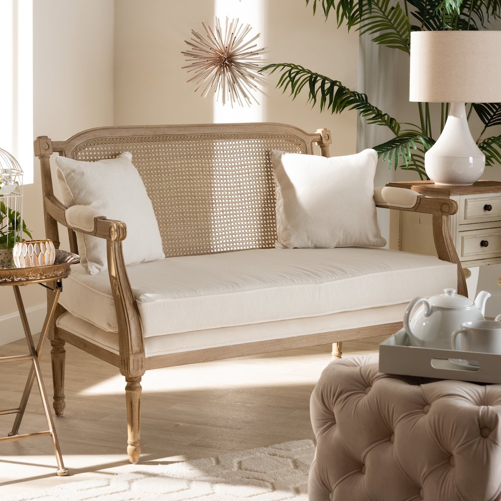 Clemence French Provincial Ivory Fabric Upholstered Whitewashed Wood Loveseat. Picture 11
