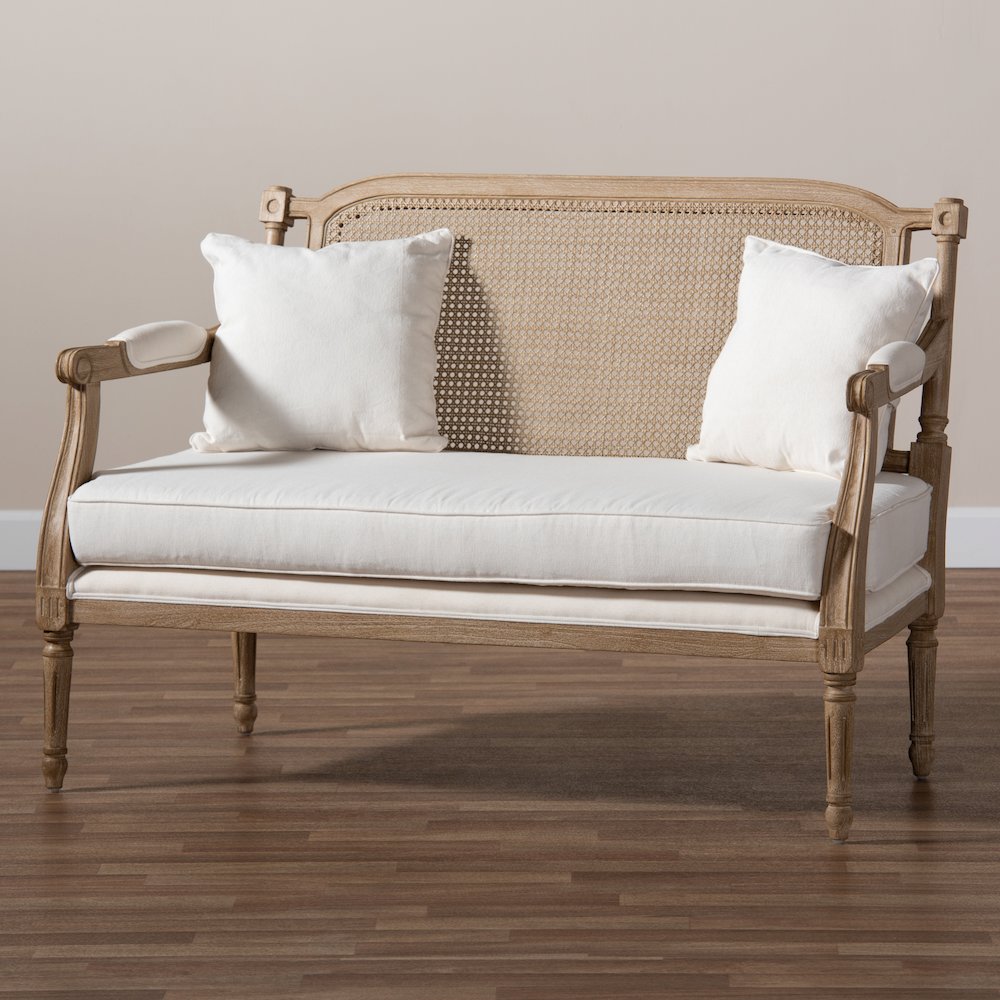 Clemence French Provincial Ivory Fabric Upholstered Whitewashed Wood Loveseat. Picture 9