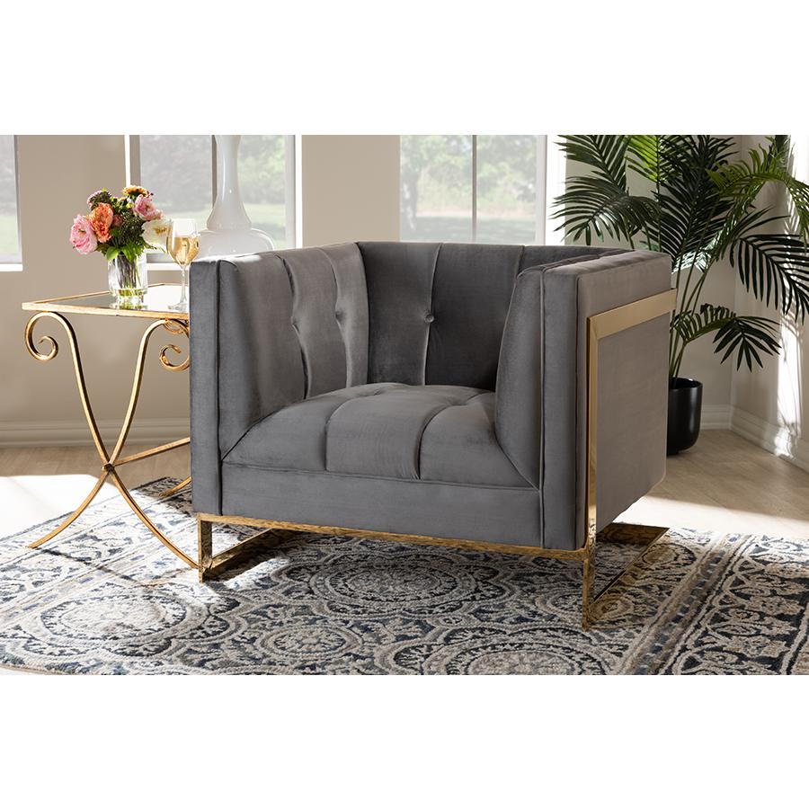 Button Tufted Armchair with Gold-Tone Frame. Picture 8