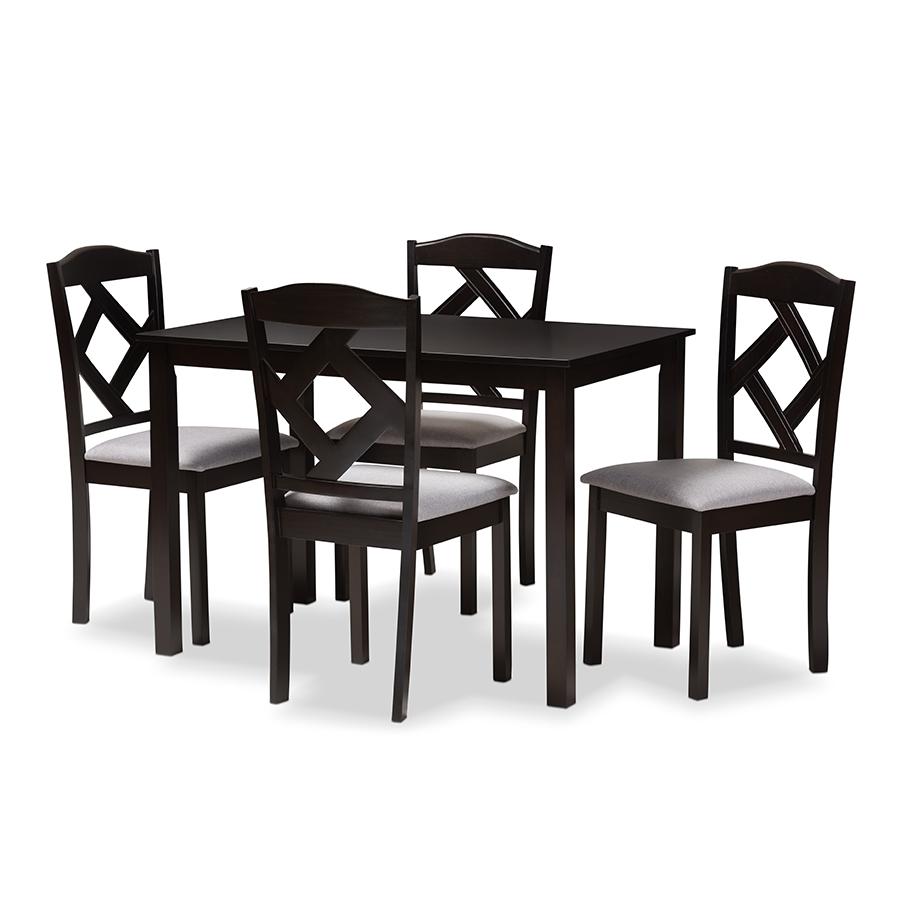 Espresso Brown Finished and Grey Fabric Upholstered 5-Piece Dining Set. Picture 1