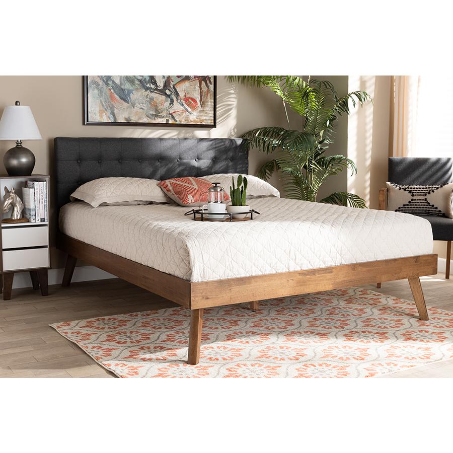 Dark Grey Fabric Upholstered Walnut Brown Finished Wood King Size Platform Bed. Picture 21