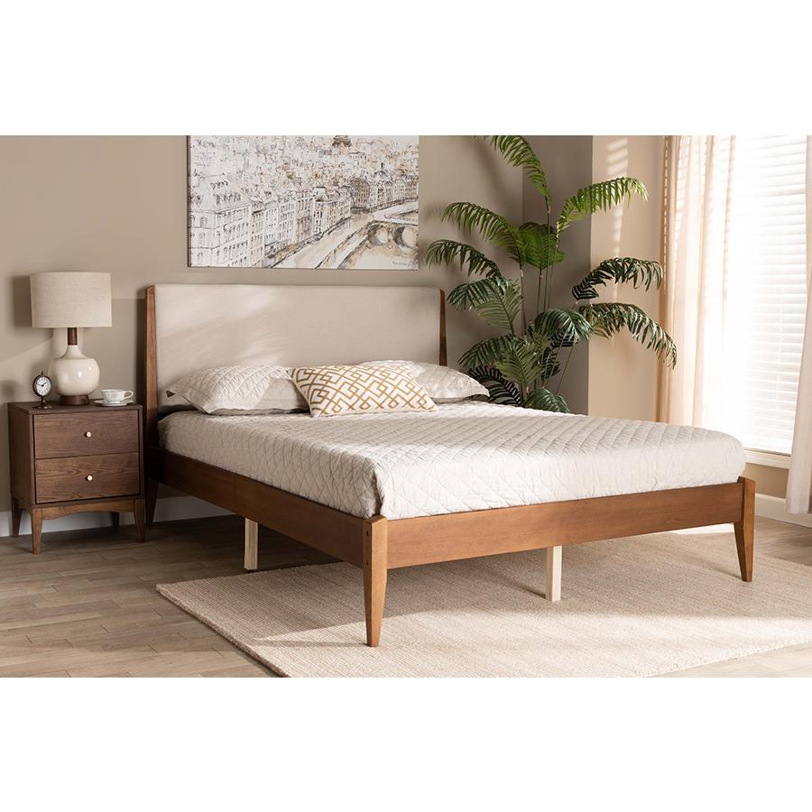 Beige Fabric Upholstered and Walnut Brown Finished Wood King Size Platform Bed. Picture 23