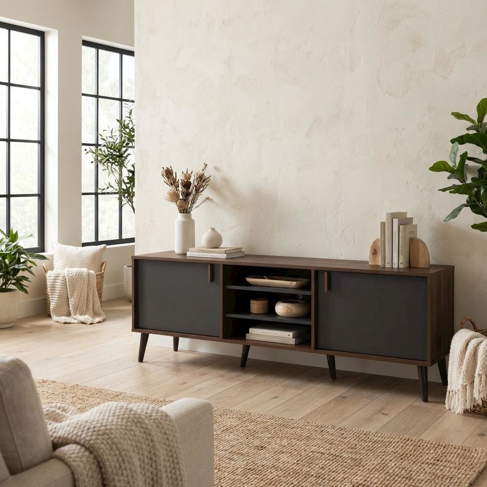 Mid-Century Modern Brown and Dark Grey TV Stand with Particle Board Finish. Picture 3