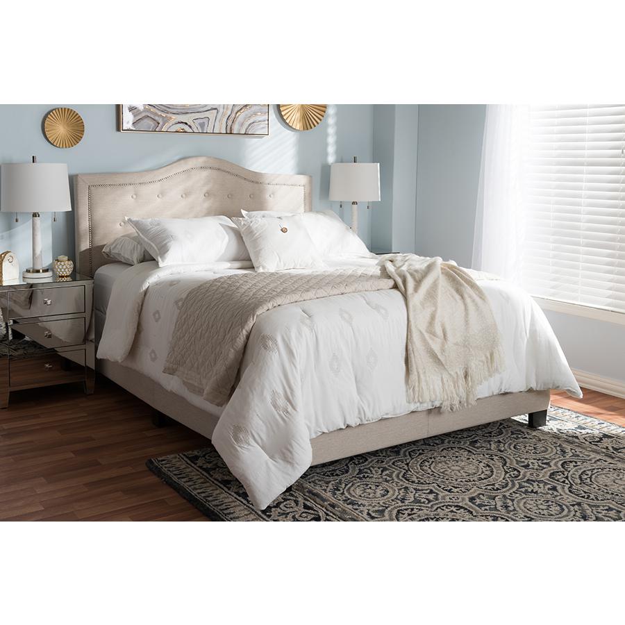 Emerson Modern and Contemporary Light Beige Fabric Upholstered King Size Bed. Picture 17