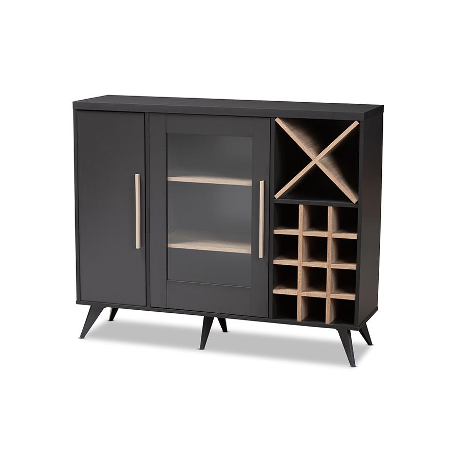 Baxton Studio Pietro Mid-Century Modern Dark Grey and Oak Finished Wine Cabinet. Picture 1