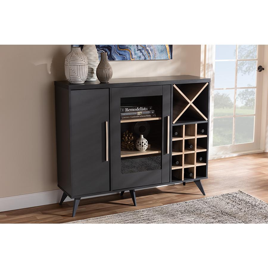 Baxton Studio Pietro Mid-Century Modern Dark Grey and Oak Finished Wine Cabinet. Picture 7