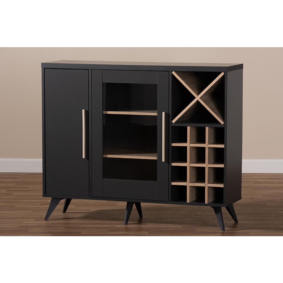 Baxton Studio Pietro Mid-Century Modern Dark Grey and Oak Finished Wine Cabinet. Picture 8