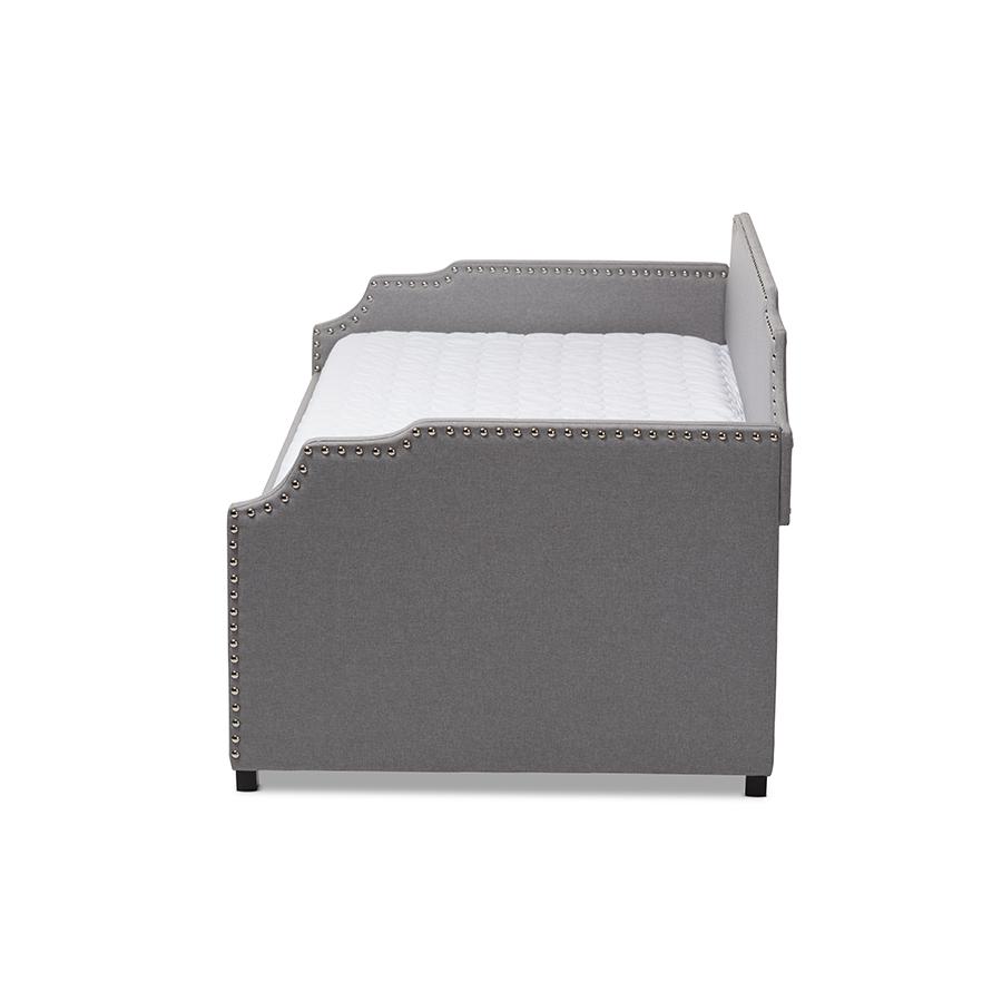 Grey Fabric Upholstered Twin Size Sofa Daybed with Roll Out Trundle Guest Bed. Picture 3