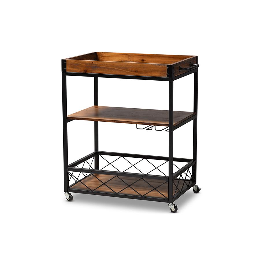 Baxton Studio Capri Vintage Rustic Industrial Oak Brown and Black Finished Mobile Metal Bar Cart with Stemware Rack. Picture 2