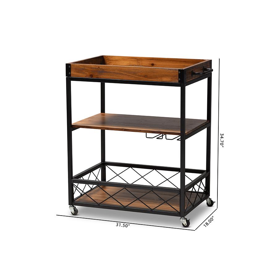 Baxton Studio Capri Vintage Rustic Industrial Oak Brown and Black Finished Mobile Metal Bar Cart with Stemware Rack. Picture 11