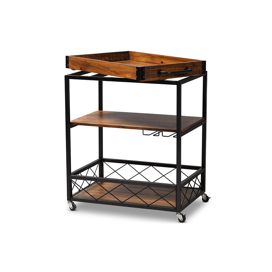 Baxton Studio Capri Vintage Rustic Industrial Oak Brown and Black Finished Mobile Metal Bar Cart with Stemware Rack. Picture 3