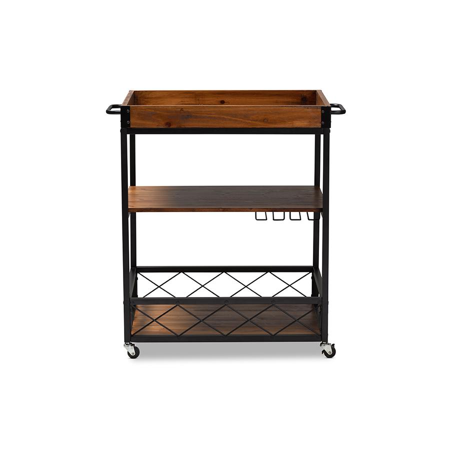 Baxton Studio Capri Vintage Rustic Industrial Oak Brown and Black Finished Mobile Metal Bar Cart with Stemware Rack. Picture 4