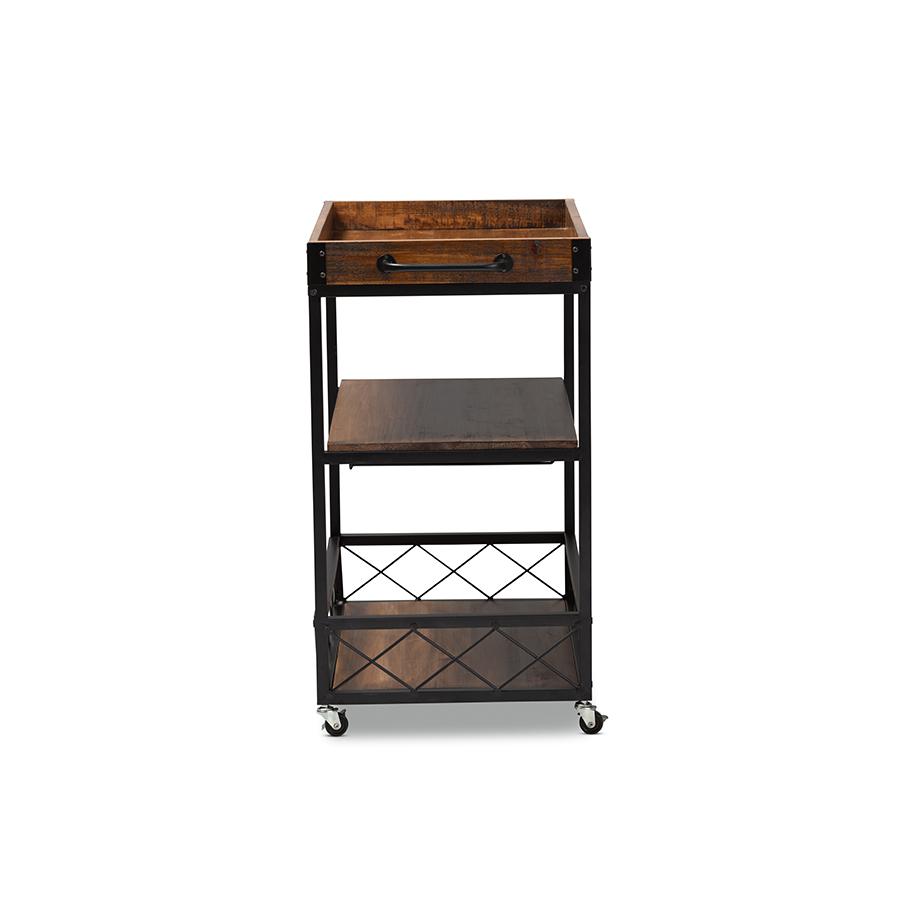 Baxton Studio Capri Vintage Rustic Industrial Oak Brown and Black Finished Mobile Metal Bar Cart with Stemware Rack. Picture 5