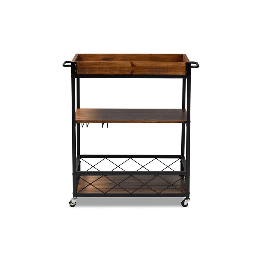 Baxton Studio Capri Vintage Rustic Industrial Oak Brown and Black Finished Mobile Metal Bar Cart with Stemware Rack. Picture 6