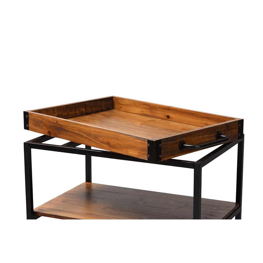 Baxton Studio Capri Vintage Rustic Industrial Oak Brown and Black Finished Mobile Metal Bar Cart with Stemware Rack. Picture 7