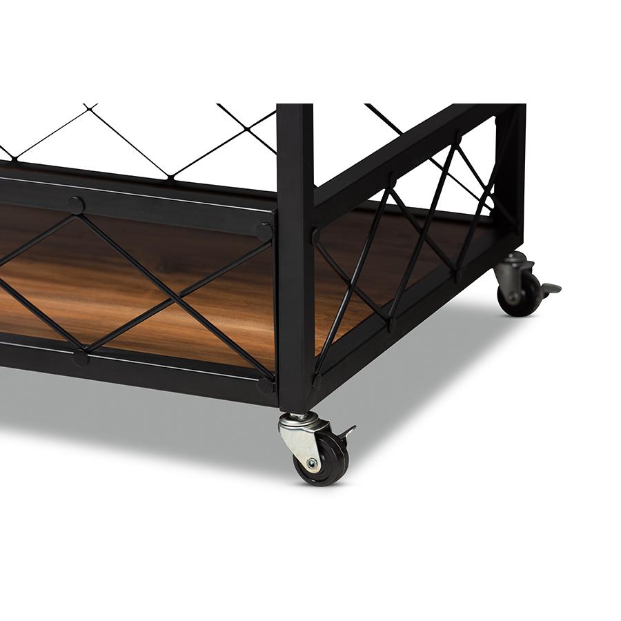 Baxton Studio Capri Vintage Rustic Industrial Oak Brown and Black Finished Mobile Metal Bar Cart with Stemware Rack. Picture 8