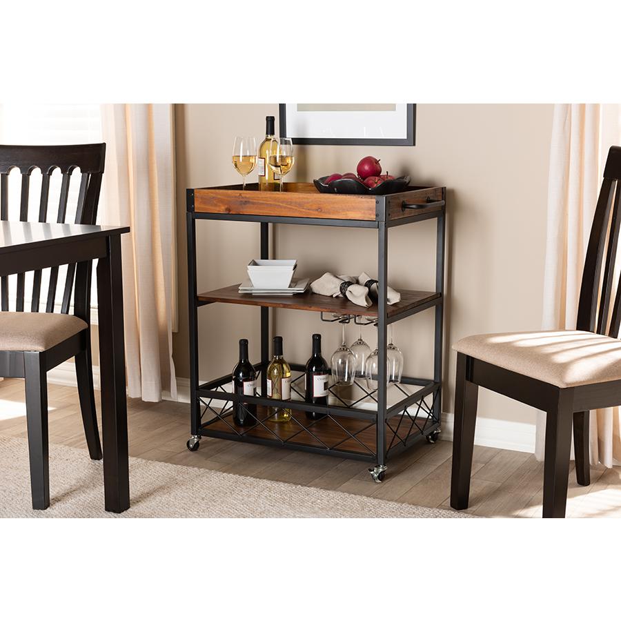 Baxton Studio Capri Vintage Rustic Industrial Oak Brown and Black Finished Mobile Metal Bar Cart with Stemware Rack. Picture 1