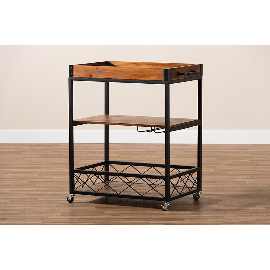 Baxton Studio Capri Vintage Rustic Industrial Oak Brown and Black Finished Mobile Metal Bar Cart with Stemware Rack. Picture 10