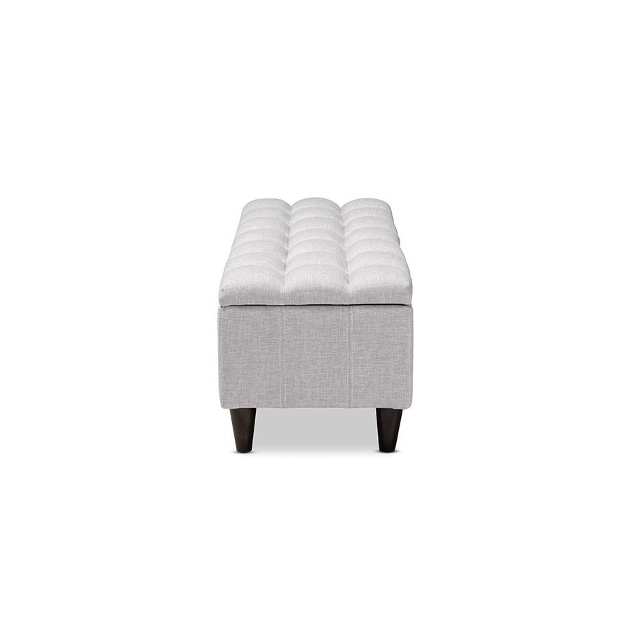 Grayish Beige Fabric Upholstered Dark Brown Finished Wood Storage Bench Ottoman. Picture 4