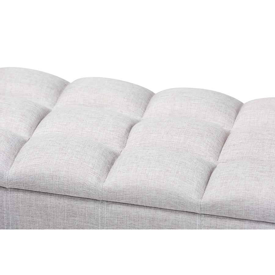 Grayish Beige Fabric Upholstered Dark Brown Finished Wood Storage Bench Ottoman. Picture 6