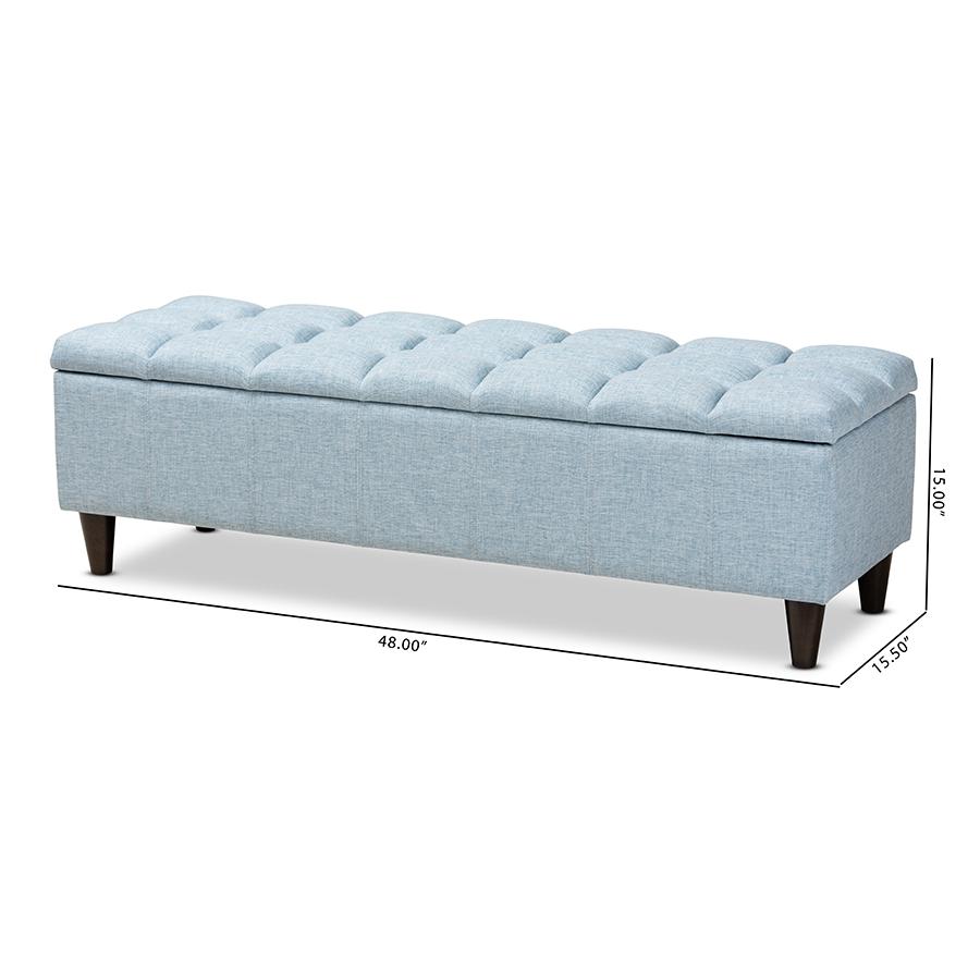 Light Blue Fabric Upholstered Dark Brown Finished Wood Storage Bench Ottoman. Picture 11