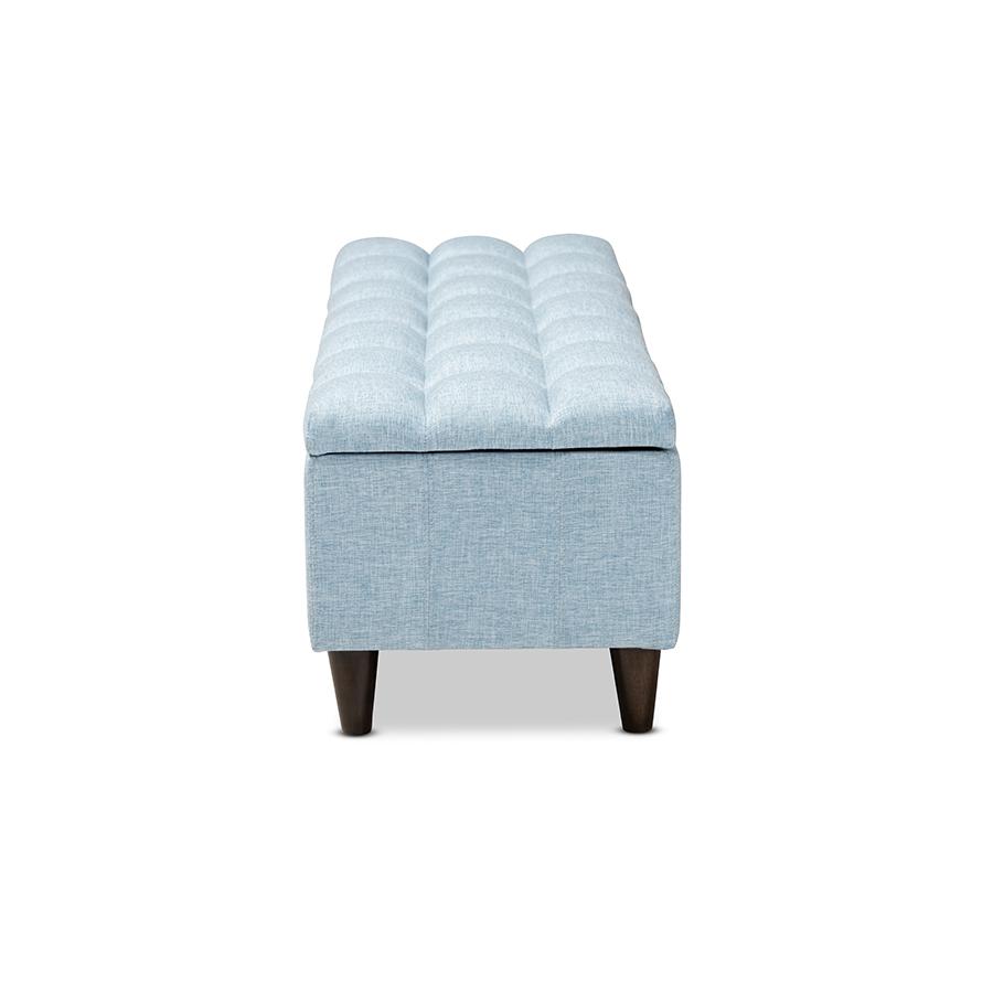 Light Blue Fabric Upholstered Dark Brown Finished Wood Storage Bench Ottoman. Picture 4