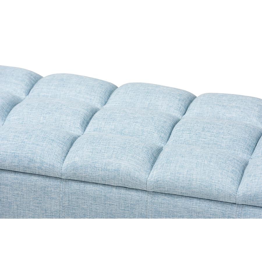 Light Blue Fabric Upholstered Dark Brown Finished Wood Storage Bench Ottoman. Picture 6