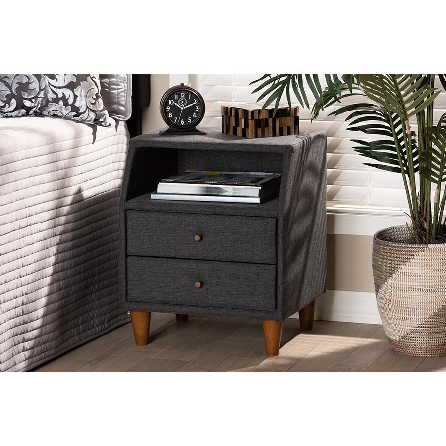 Baxton Studio Claverie Mid-Century Modern Charcoal Fabric Upholstered 2-Drawer Wood Nightstand. Picture 7