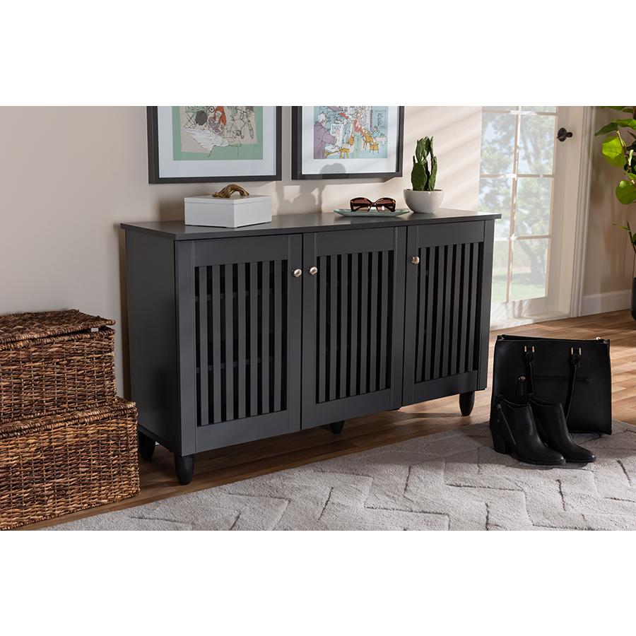 Dark Gray 3-Door Wooden Entryway Shoe Storage Wide Cabinet. Picture 7