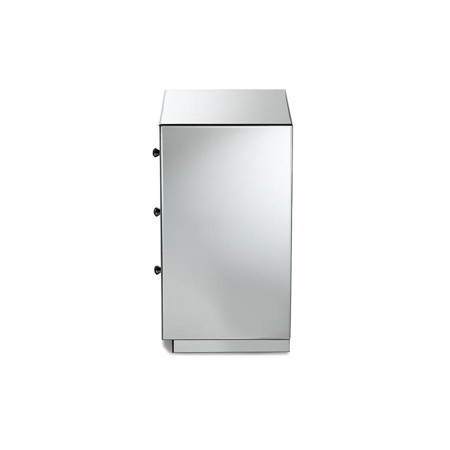 Lina Modern and Contemporary Hollywood Regency Glamour Style Mirrored Three Drawer Nightstand Bedside Table. Picture 4