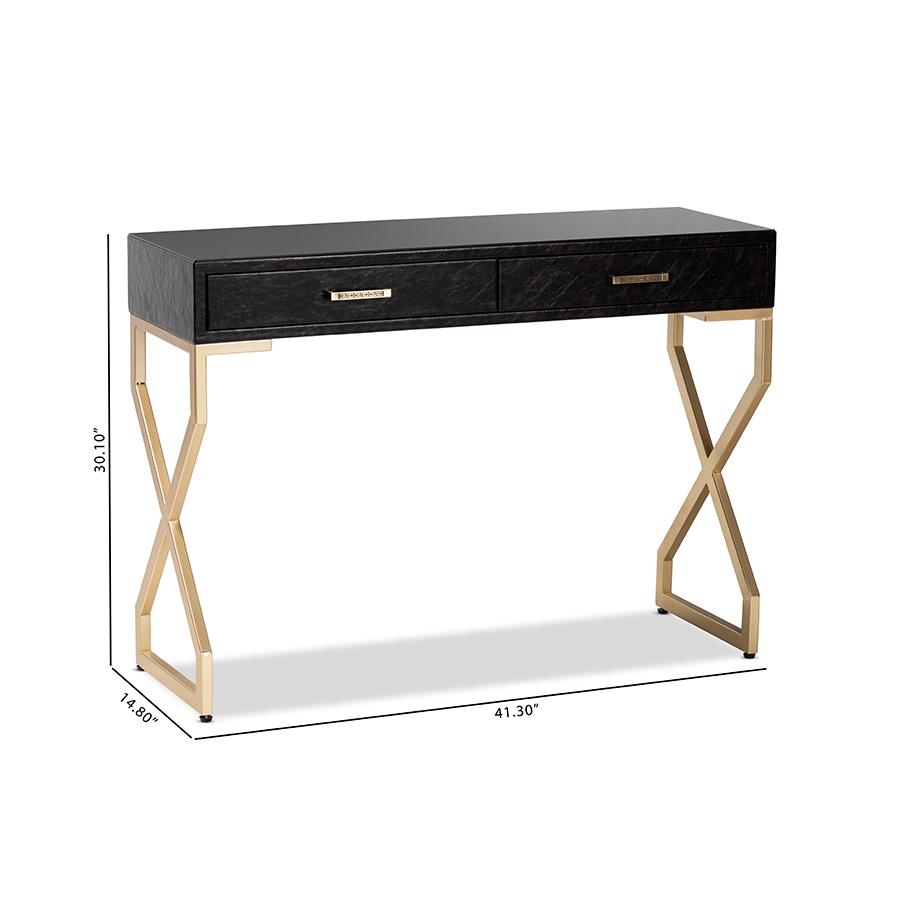 Dark Brown Faux Leather Upholstered Gold Finished 2-Drawer Console Table. Picture 10