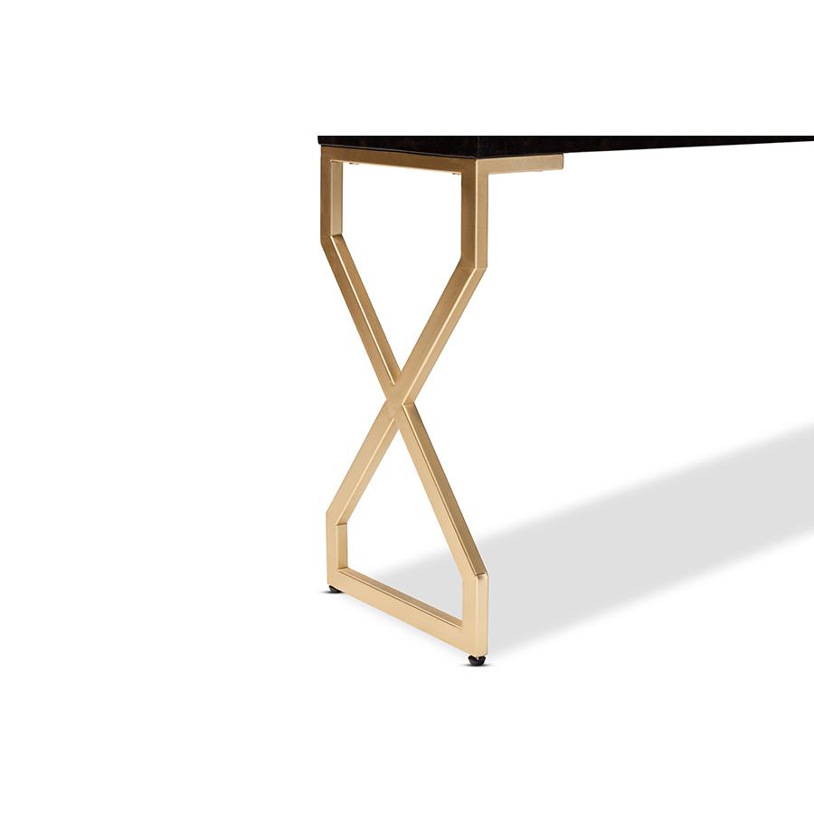 Dark Brown Faux Leather Upholstered Gold Finished 2-Drawer Console Table. Picture 7