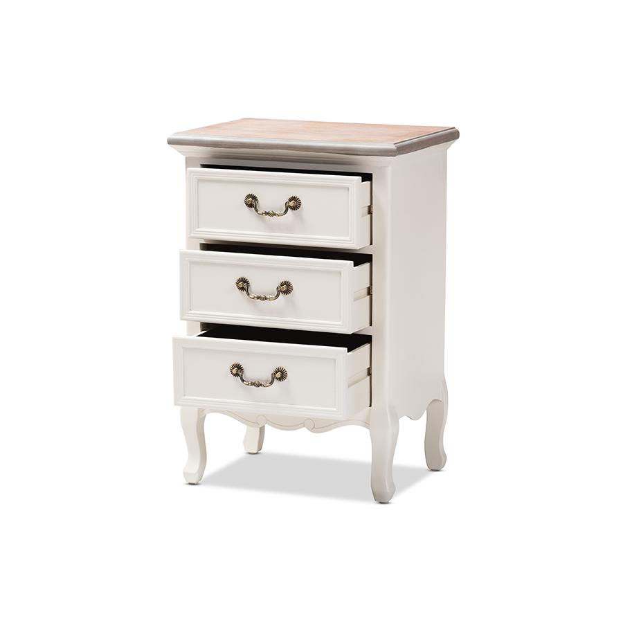 Baxton Studio Capucine Antique French Country Cottage Two Tone Natural Whitewashed Oak and White Finished Wood 3-Drawer Nightstand. Picture 2