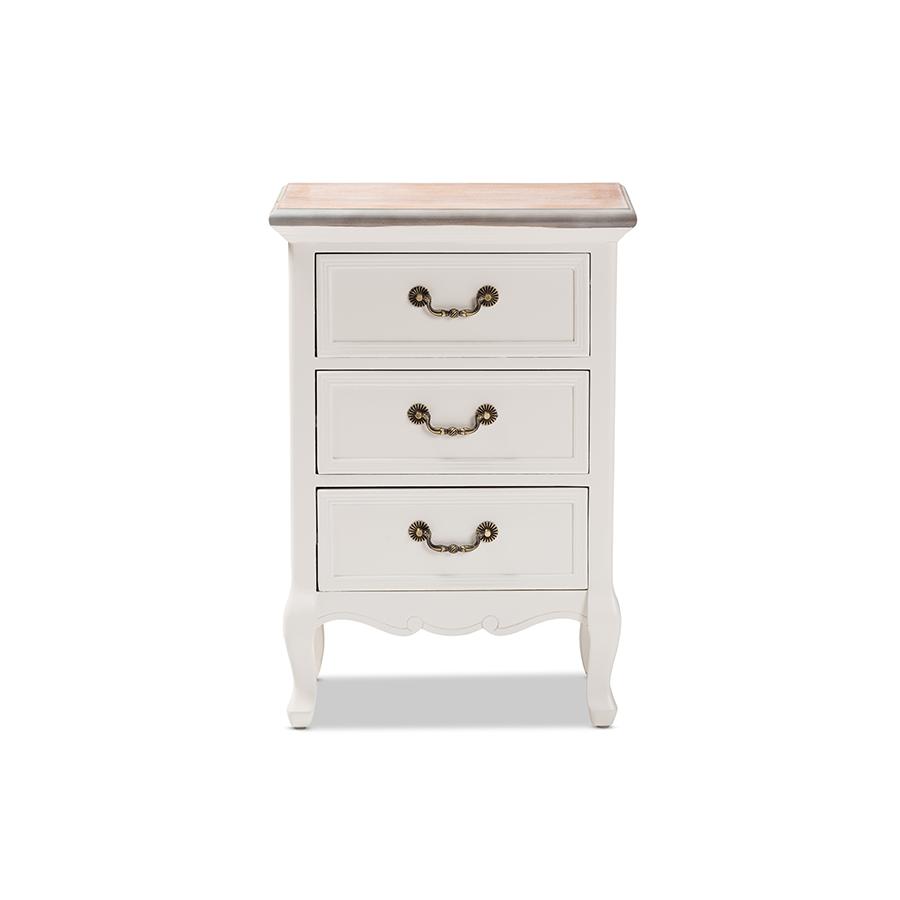 Baxton Studio Capucine Antique French Country Cottage Two Tone Natural Whitewashed Oak and White Finished Wood 3-Drawer Nightstand. Picture 3