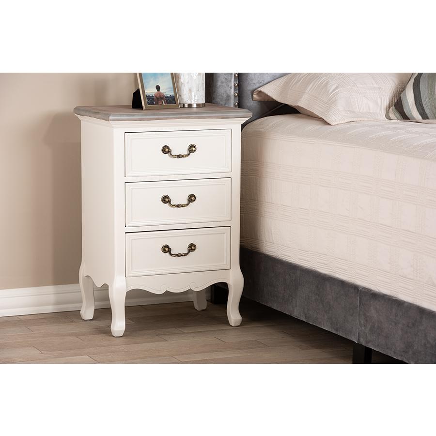 Baxton Studio Capucine Antique French Country Cottage Two Tone Natural Whitewashed Oak and White Finished Wood 3-Drawer Nightstand. Picture 4