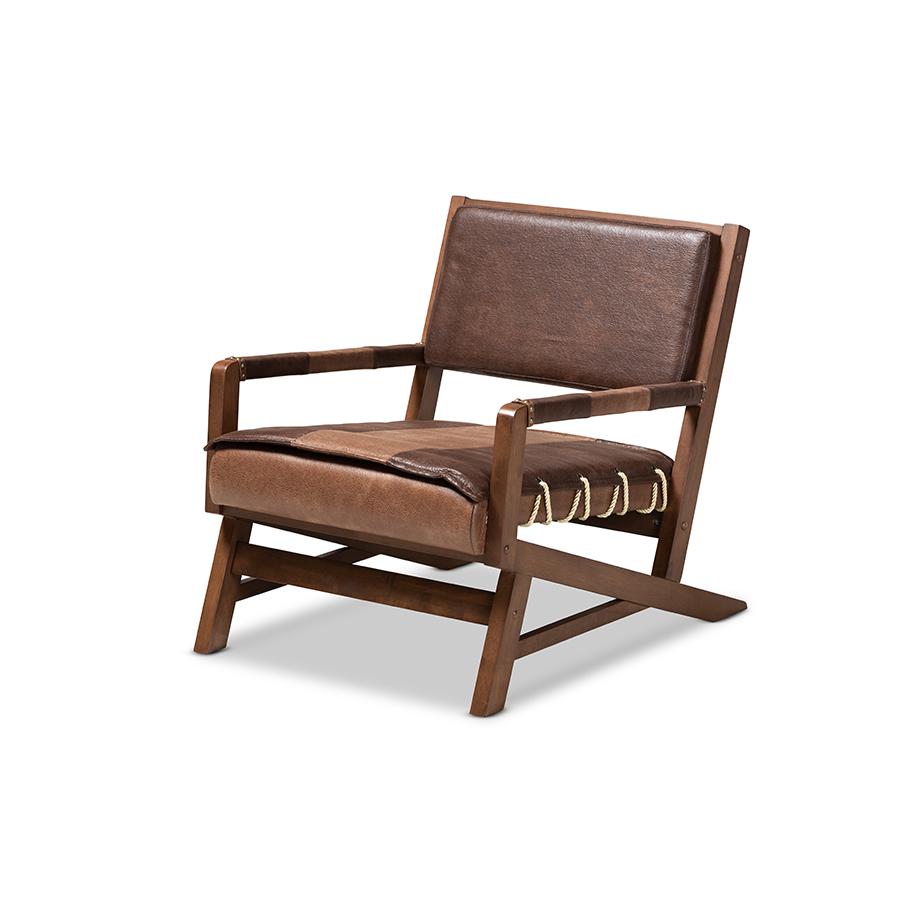 Baxton Studio Rovelyn Rustic Brown Faux Leather Upholstered Walnut Finished Wood Lounge Chair. Picture 2