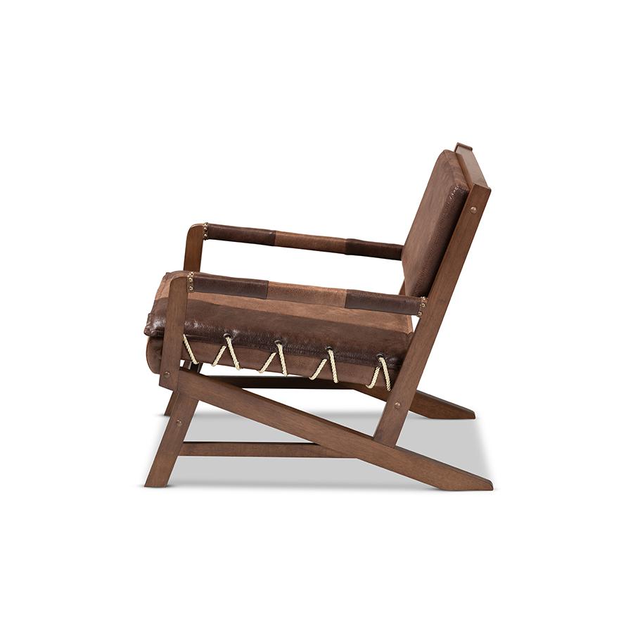 Baxton Studio Rovelyn Rustic Brown Faux Leather Upholstered Walnut Finished Wood Lounge Chair. Picture 4