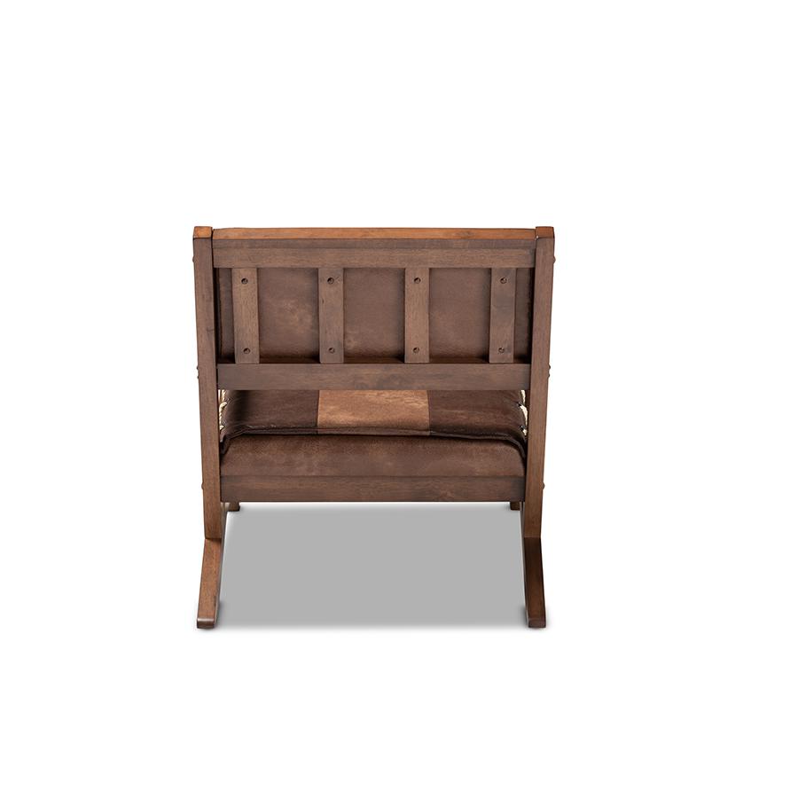 Baxton Studio Rovelyn Rustic Brown Faux Leather Upholstered Walnut Finished Wood Lounge Chair. Picture 5