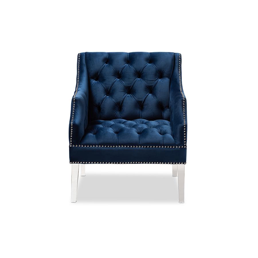 Navy Velvet Fabric Upholstered Lounge Chair with Acrylic Legs. Picture 2