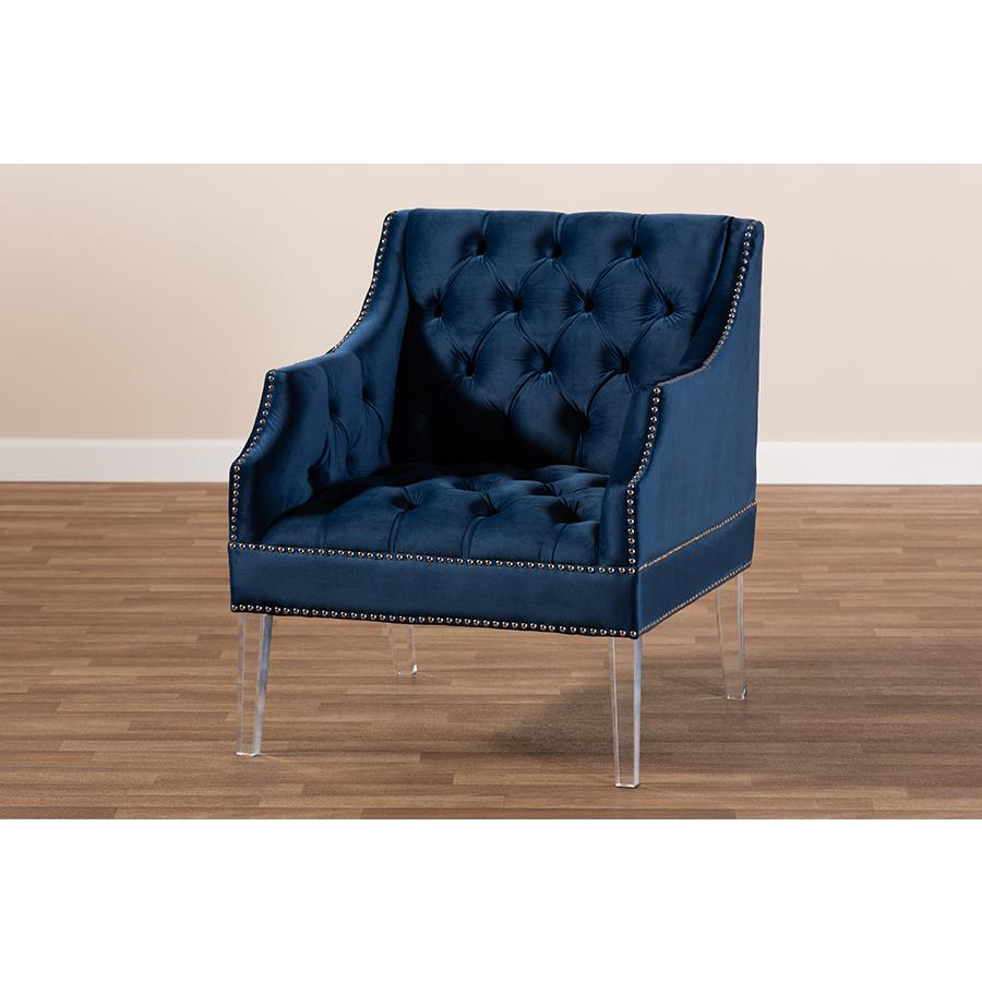 Navy Velvet Fabric Upholstered Lounge Chair with Acrylic Legs. Picture 8